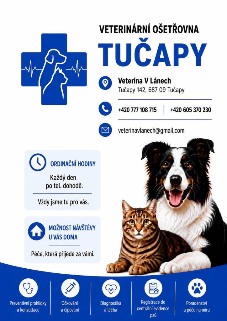 V obci Tučapy byla nově otevřena veterinární ordinace. Nabízí preventivní prohlídky, očkování, čipování, registraci do centrální evidence psů, diagnostiku a léčbu. Pro objednání volejte na telefon 777 10 87 15 nebo navštivte ordinaci na adrese Tučapy 142 každý všední den po 18:00. Viz. příloha