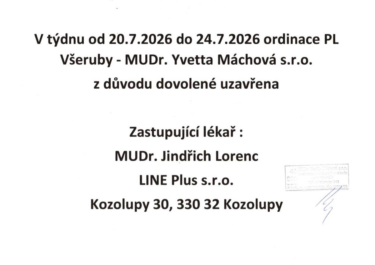 Informace o zastupování ordinace praktického lékaře ve Všerubech.