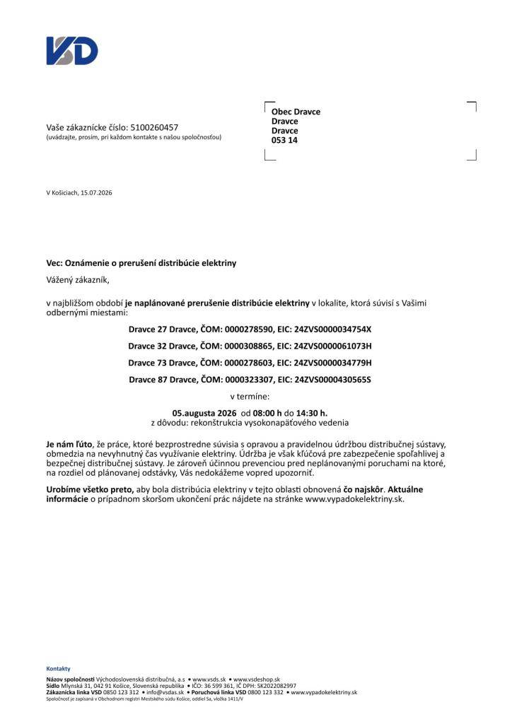 Oznámenie o prerušení distribúcie elektriny dňa 05.08.2026 v čase od 08:00 do 14:30 hod. z dôvodu rekonštrukcie vysokonapäťového vedenia.