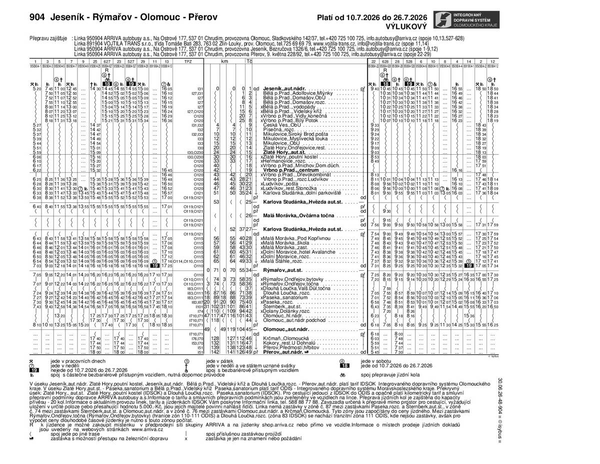 Na základě obdržených informací sdělujeme, že dochází k prodloužení termínu uzavírky v úseku Vrbno pod Pradědem – Heřmanovice do 7. 8. 2026. V příloze zasíláme schválený výlukový jízdní řád linky 904 platný od 10. 7. 2026 do 26. 7.2026. Aktualizované informace o uzavírce včetně popisu změn ve vedení autobusové dopravy a výlukové jízdní řády naleznete také zde: https://www.idsok.cz/vyluky/uzavirka-silnice-ii-445-v-useku-vrbno-pod-pradedem-hermanovice-na-uzemi-moravskoslezskeho-kraje/.