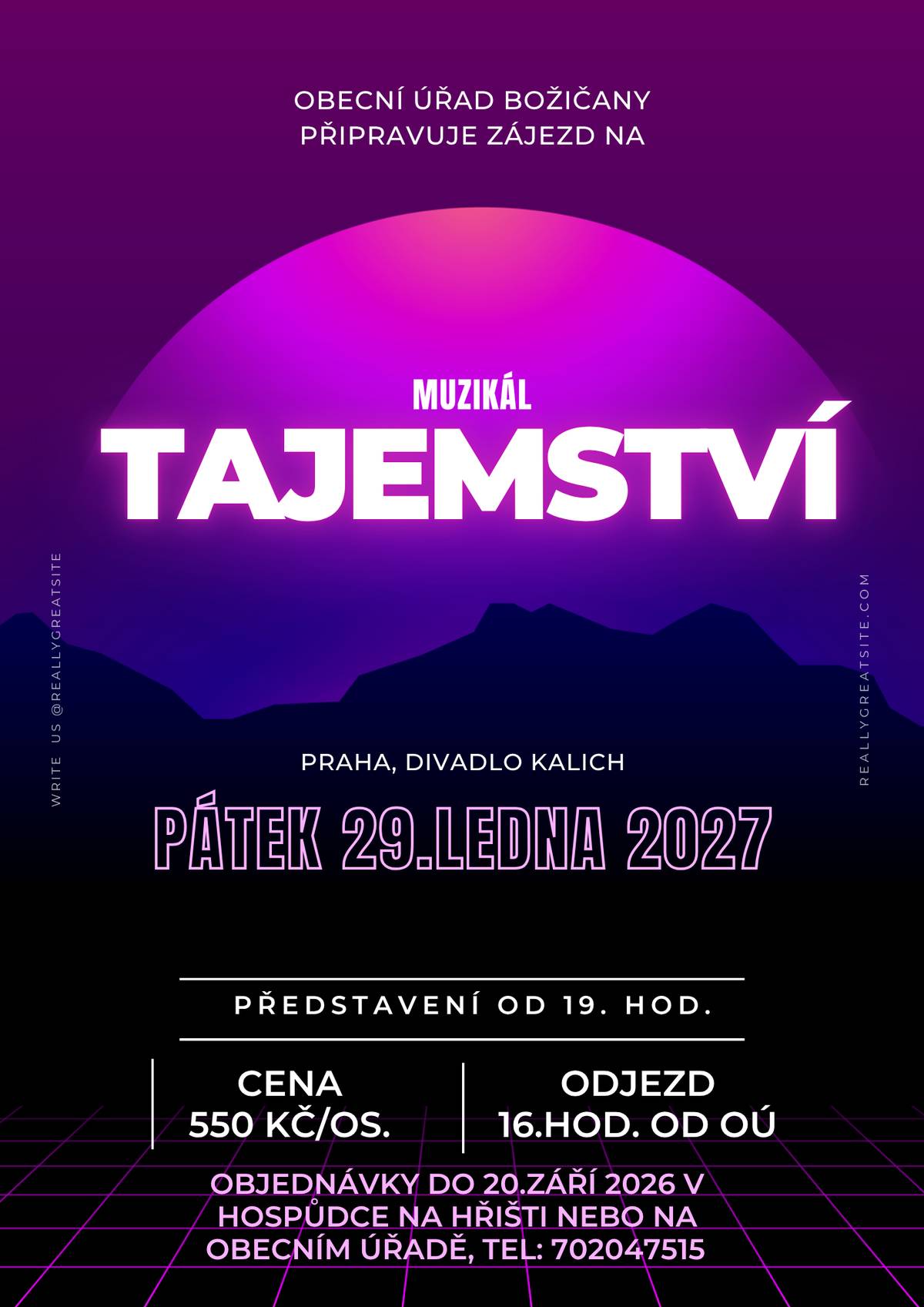 Obecní úřad Božičany připravuje zájezd na muzikál "Tajemství" do divadla Kalich v Praze v pátek 29.ledna 2027 na představení od 19.00 hod. Cena zájezdu je 550 Kč na osobu. Abychom mohli včas zajistit vstupenky, přijímáme vaše přihlášky do 20.září 2026 v Hospůdce na hřišti nebo na obecním úřadě. Váš obecní úřad.