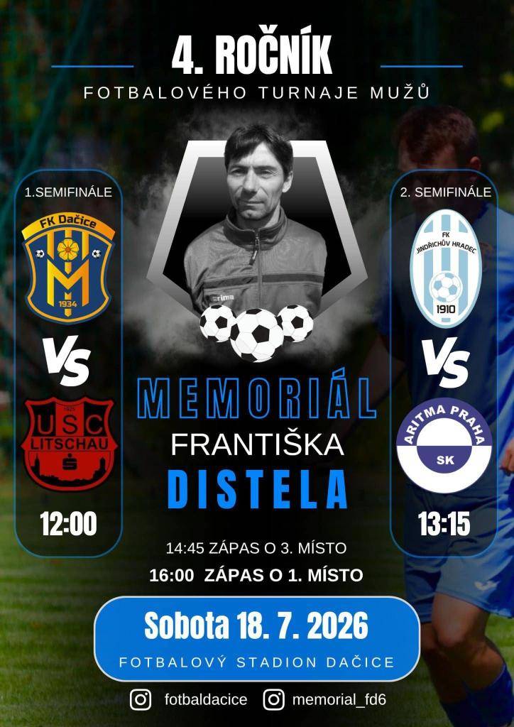 Fotbalový klub FK Dačice srdečně zve všechny sportovní příznivce na 4. ročník Memoriálu Františka Distela, který se uskuteční v sobotu 18. července od 12 hodin na fotbalovém stadionu v Dačicích.  Turnaje se zúčastní týmy FK Dačice, FK Jindřichův Hradec 1910, SK Aritma Praha a USC Sparkasse Litschau.