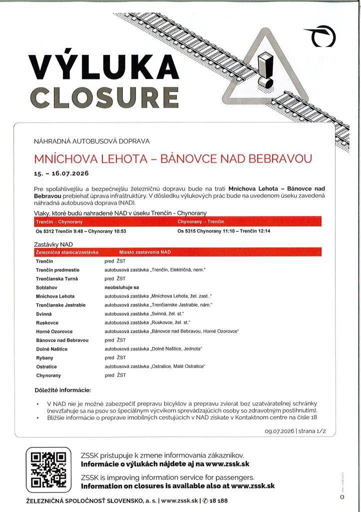 Informácia-  náhradná autobusová doprava Mníchova Lehota- Bánovce n/Bebravou 15.-16.7.2026