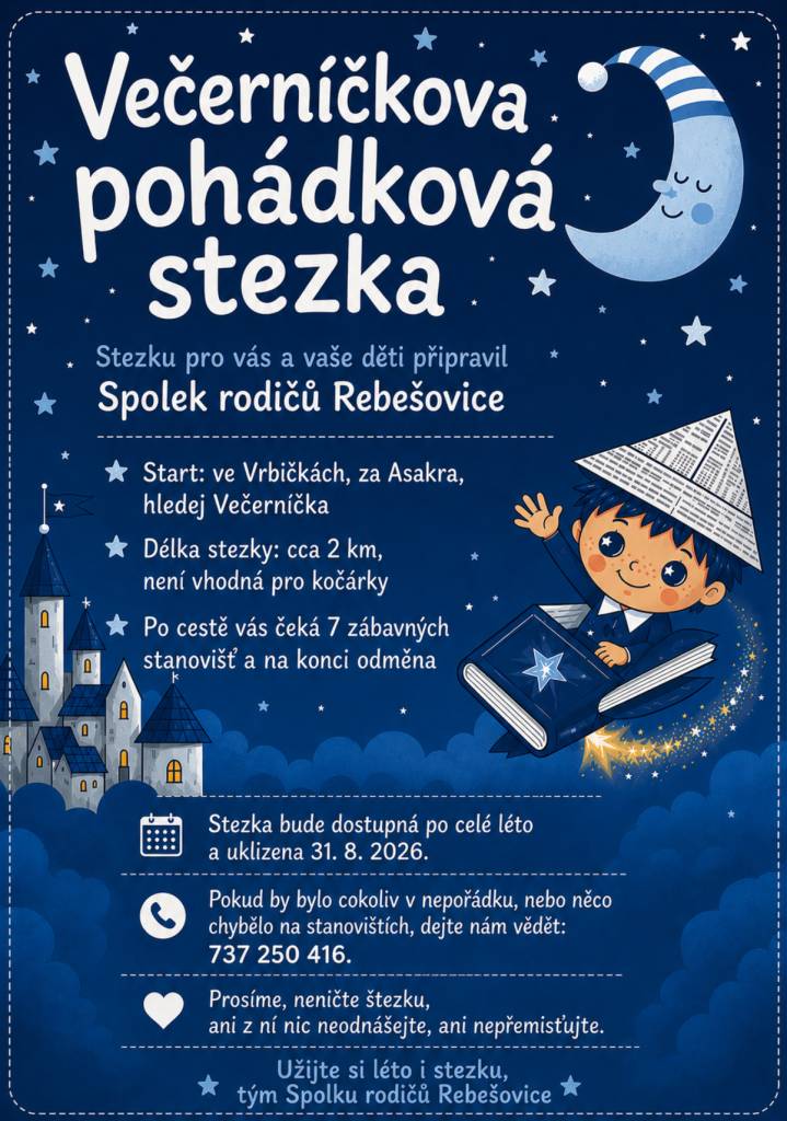 Stezka začíná ve vrbičkách za Asakra. Poté se vydejte po stopách Večerníčkovi čepice, která vás celou stezkou bude provázet. Čeká vás 7 zábavných stanovišť a na konci odměna - ale jen když ji najdete.    Stezka bude k dispozici po celé léto až do 31.8.2026.