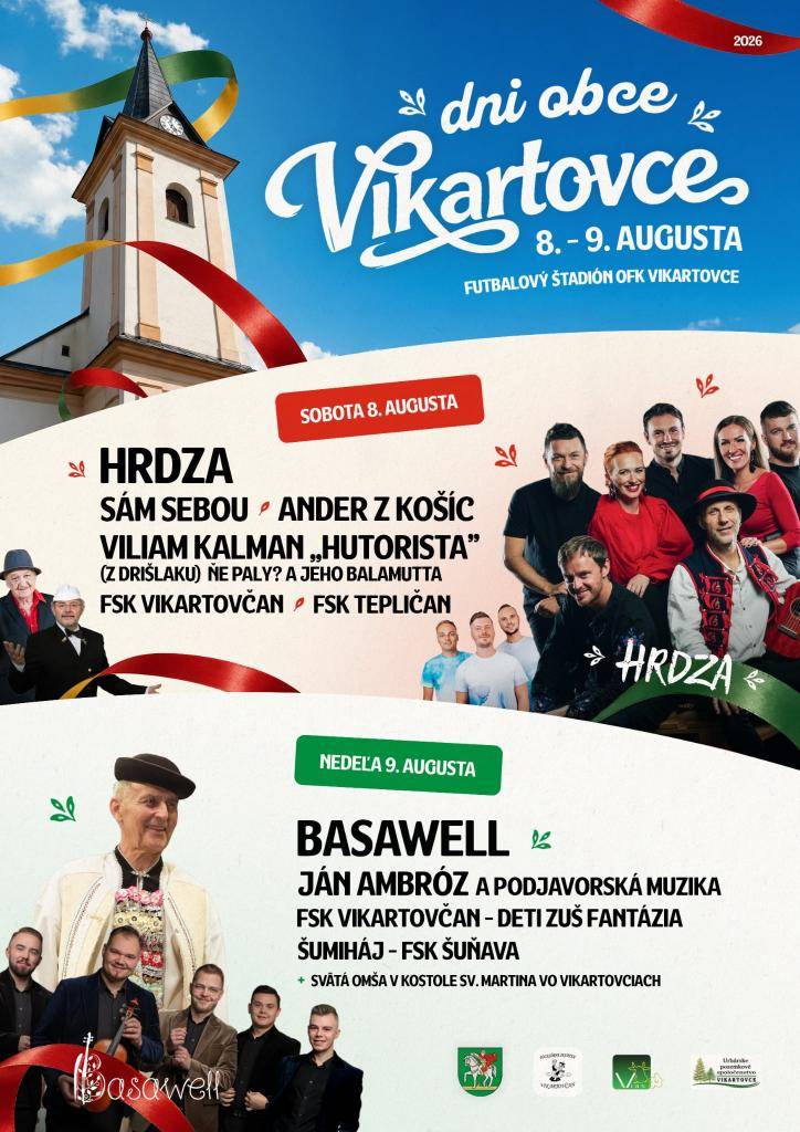 Obec Vikartovce srdečne pozýva na Dni obce Vikartovce, ktoré sa uskutočnia v dňoch 8. – 9. augusta 2026 na futbalovom štadióne OFK Vikartovce.