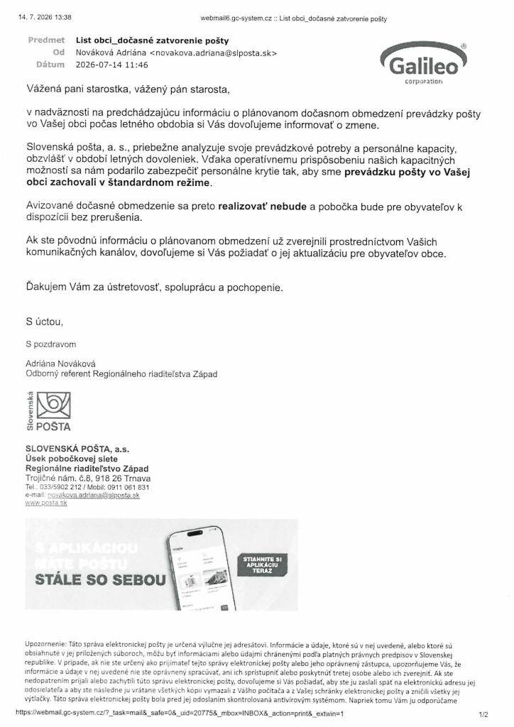 avizované dočasné obmedzenie prevádzky pošty sa realizovať nebude