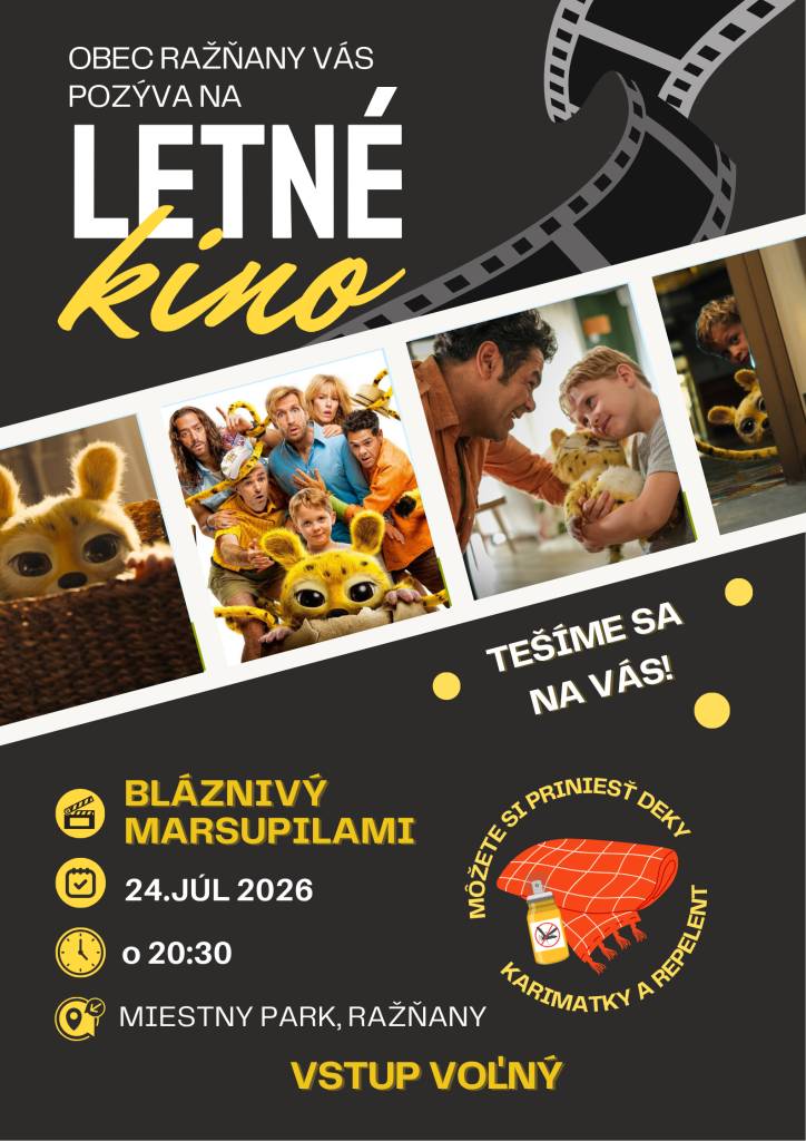 Pozývame Vás na detské letné kino, ktoré sa bude premietať v piatok 24.7.2026 o 20.30 hod. v miestnom parku. Premietať sa bude rozprávka Bláznivý marsupilami. Nezabudnite si priniesť deku alebo karimatku, repelent proti komárom a hlavne dobrú náladu.