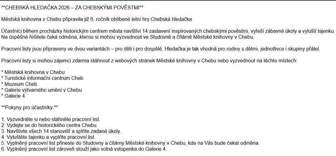 Městská knihovna v Chebu zve rodiny s dětmi, jednotlivce i skupiny přátel na bezplatný rodinný výlet během letních měsíců.