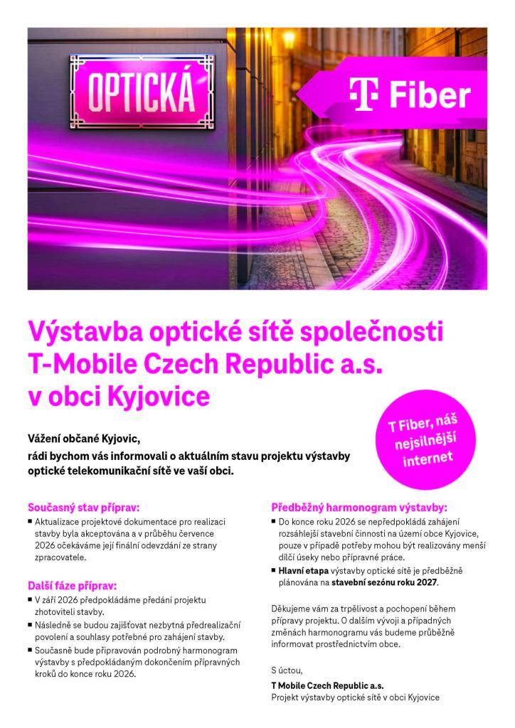Výstavba optické sítě společnosti T-Mobile Czech Republic a.s. v obci Kyjovice.