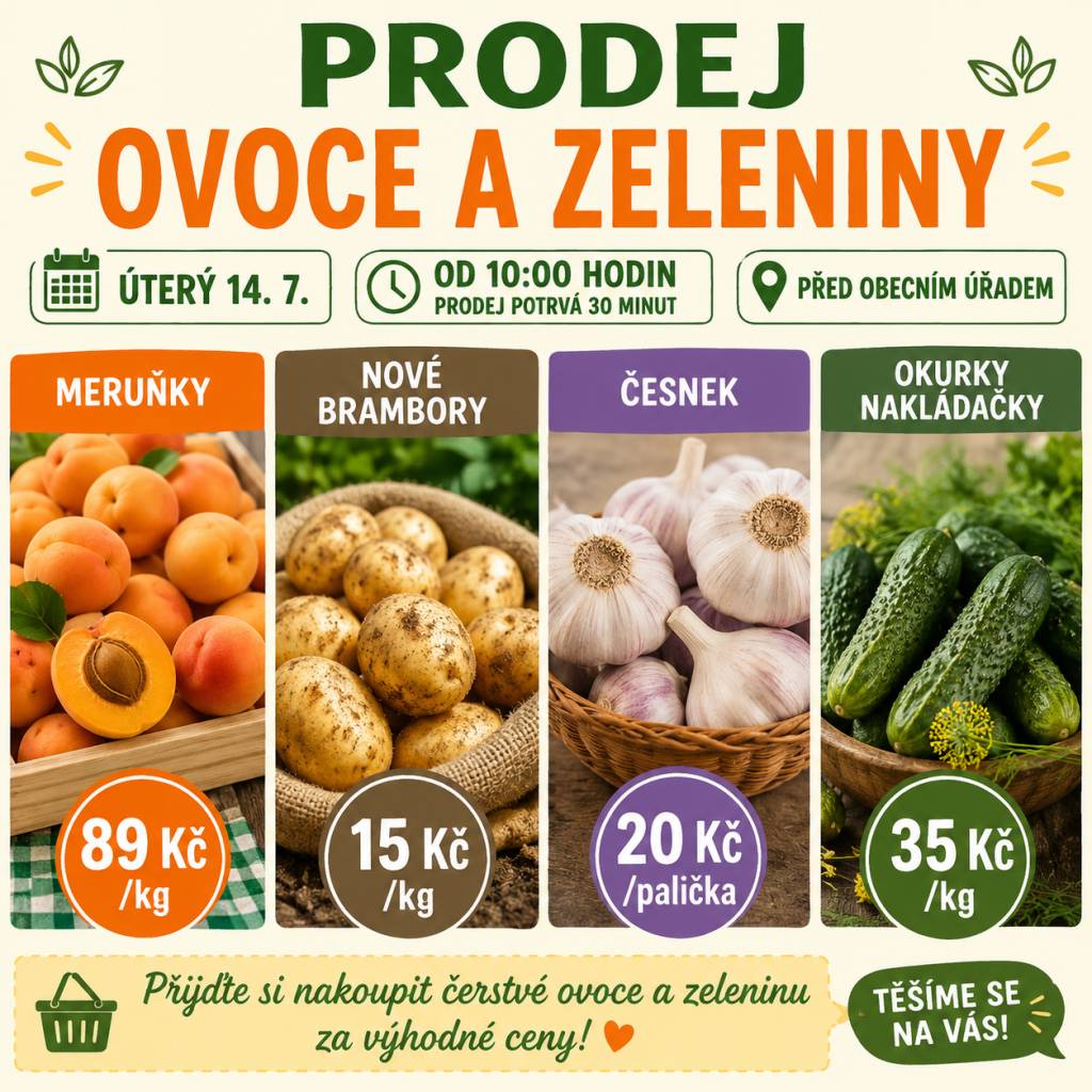V úterý 14. července, bude před budovou obecního úřadu probíhat prodej ovoce a zeleniny.  V nabídce budou meruňky za 89 Kč za kilogram, nové brambory za 15 Kč za kilogram, česnek za 20 Kč za paličku a okurky nakládačky za 35 Kč za kilogram.