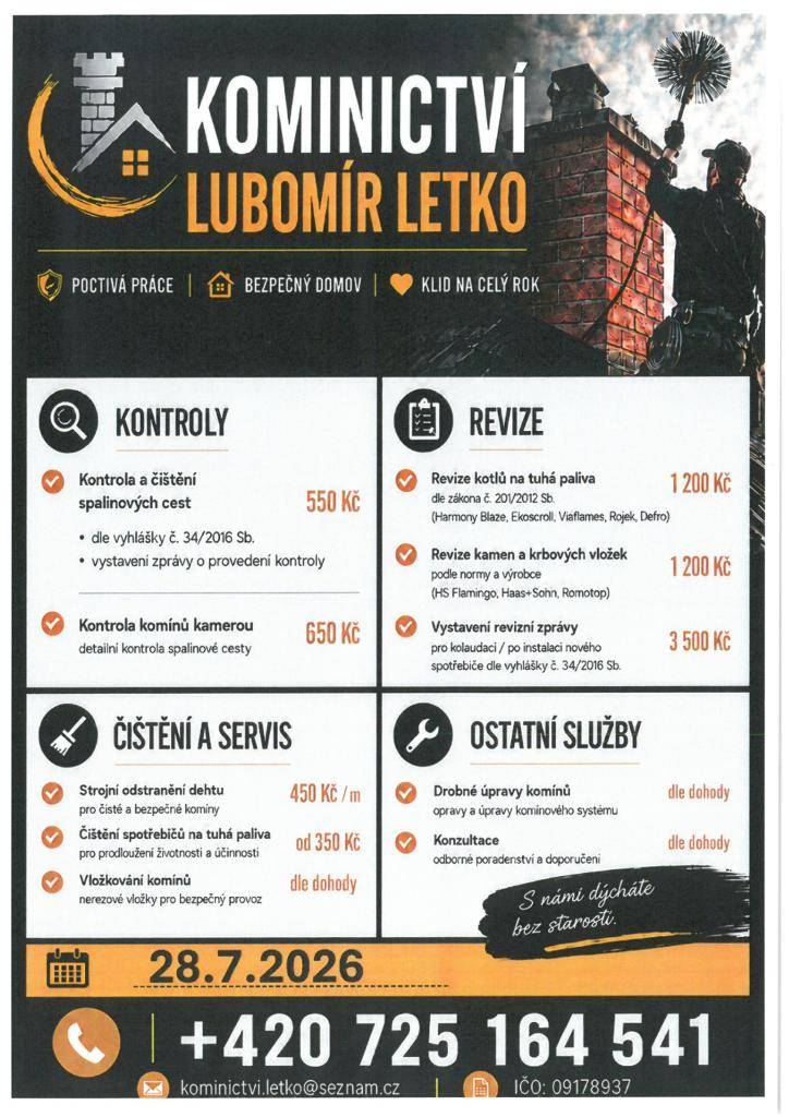 kominické práce v Babicích: 28.7.2026  objednávky na telefonním čísle: 725 164 541