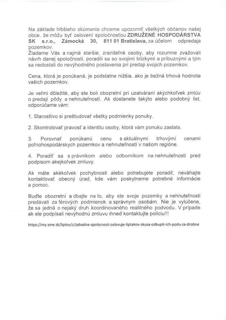 Upozornenie občanom na výkup pozemkov