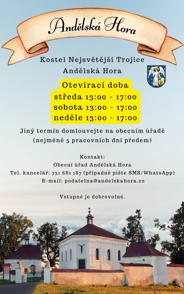 Kostel Nejsvětější Trojice v Andělské Hoře je otevřen pro veřejnost ve středu, sobotu a neděli od 13:00 do 17:00. Pokud máte zájem o návštěvu v jiném termínu, je nutné domluvit se na obecním úřadě minimálně pět pracovních dní předem.