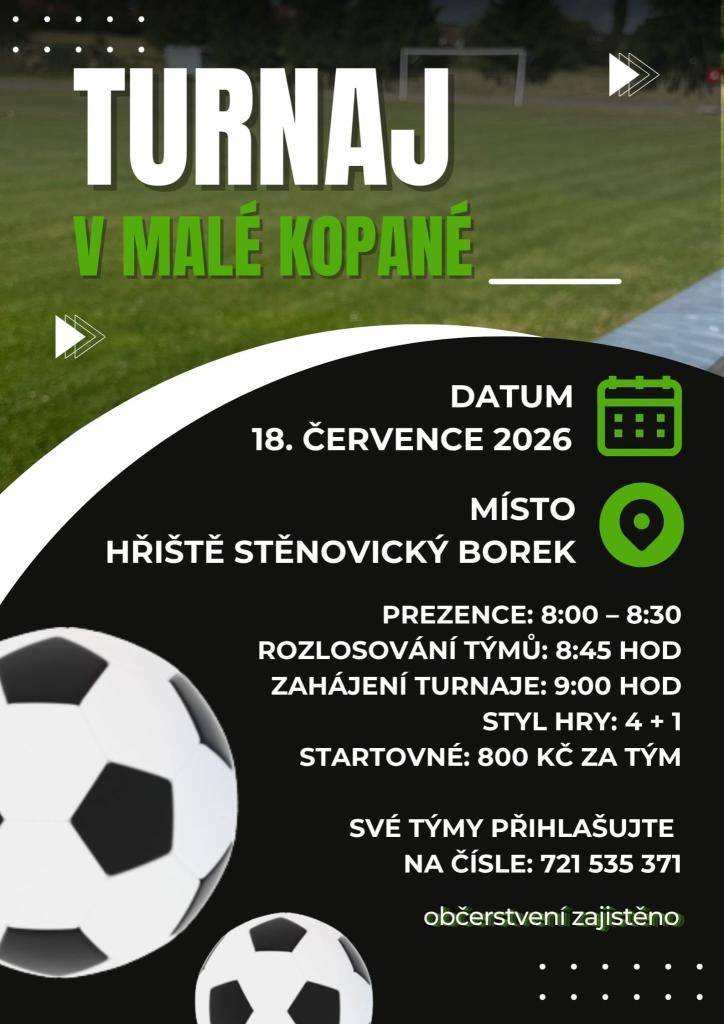 18.7.2026 OD 9:00 BUDE ZAHÁJEN TURNAJ V MALÉ KOPANÉ NA HŘIŠTI VE ŠTĚNOVICKÉM BORKU