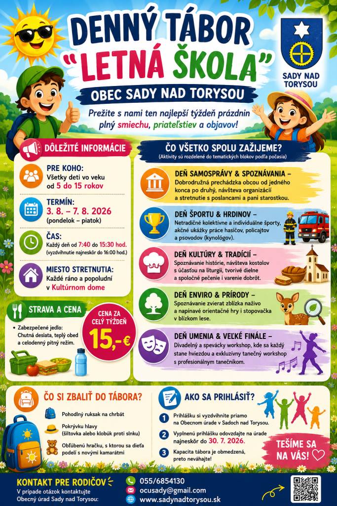 Denný tábor "Letná škola"v obci od 3.8. - 7.8.2026, každý deň od 7:40hod. - 15:30hod. Deti od 5 do 15rokov.