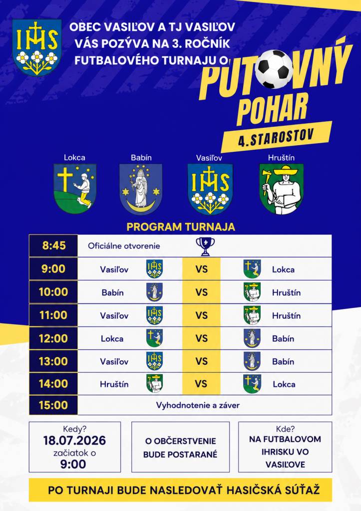 OBEC VASIĽOV A TJ VASIĽOV VÁS POZÝVA NA FUTBALOVÝ TURNAJ O PUTOVNÝ POHÁR 4. STAROSTOV, DŇA 18.7.2026 O 9.00 HOD. NA FUTBALOVÉ IHRISKO VO VASIĽOVE.