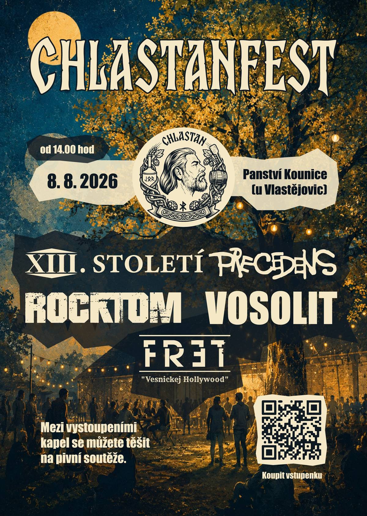 Na Panství Kounice vzniká nová tradice. První ročník Chlastan Festu nabídne XIII. Století, Precedens i vlastní pivní legendu. 8. srpna 2026 ožije Panství Kounice prvním ročníkem Chlastan Festu. Celodenní festival nabídne rockové kapely - XIII. Století, Precedens, RockTom, Vosolit a Fret. Dále pivo z rodinného pivovaru Chlastan, občerstvení a těšit se můžete i na pivní soutěže. Program dne:15:00 - Vosolit, 17:00 - RockTom, 19:00 - Precedens, 21:00 - XIII. století, 23:00 - Fret Vstupenky možno zakoupit v předprodeji: https://qrticket.cz/udalost/chlastanfest?currency=CZK Akce se koná v areálu nově vznikající usedlosti, která bude do budoucna sloužit jako prostor pro komunitní setkávání, kulturní akce a vznikne zde i minipivovar. Akci pořádá místní spolek z.s. Panství Kounice.