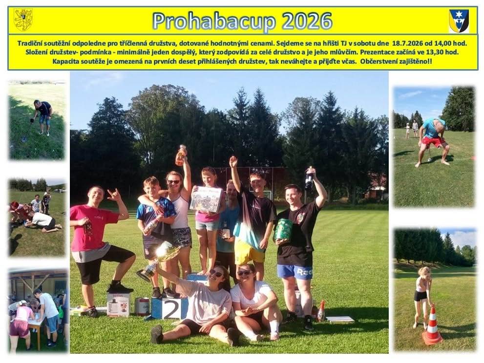 V sobotu 18.7.26 pořádá spolek Prohaba tradiční soutěžní odpoledne. Soutěží trojice složené z dětí a minimálně jednoho dospělého. Dotováno hodnotnými cenami za finančního přispění Obce Dolní Habartice. Prezentace od 13:30 hod. Ostrý start soutěží od 14:00 hod. Místostarosta.