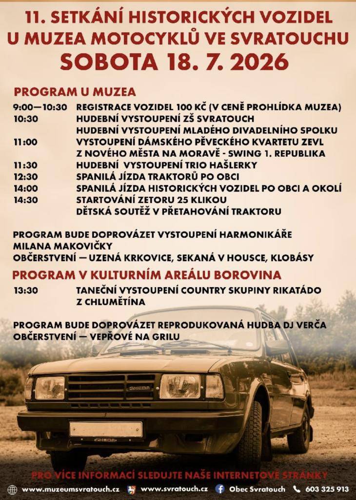 Celý měsíc probíhá výstava obrazů P. Alberta a v sobotu 18. 7. vás čeká 11. setkání historických vozidel. Info na svratouch.cz