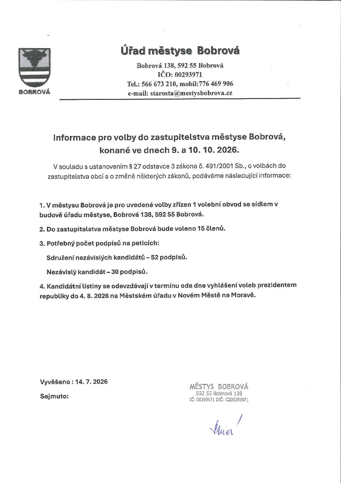Informace pro volby do zastupitelstva městyse Bobrová