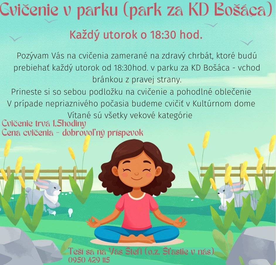 Pozývam Vás na cvičenia zamerané na zdravý chrbát, ktoré budú prebiehať každý utorok od 18:30 hod. v parku za  KD Bošáca - vchod bránkou z pravej strany. Prineste si so sebou podložku na cvičenie a pohodlné oblečenie. V prípade nepriaznivého počasia budeme cvičiť v Kultúrnom dome. Vítané sú všetky vekové kategórie.