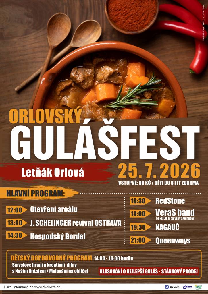 Kuchaři už brousí nože, blíží se totiž Orlovský gulášfest! Koná se v sobotu 25. července a dějištěm je letní kino. Areál se otevře ve 12 hodin, takže se zastavte na oběd a vyzkoušejte různé druhy gulášů, následně můžete hlasovat v soutěži o nejlepší guláš. O bohatý hudební program se postarají kapely J. Schelinger revival Ostr...