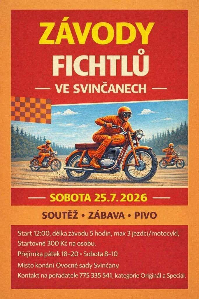 Závod fichtlů ve Svinčanech se koná v sobotu 25. července 2026. Soutěž začíná ve 12:00 a závodníci se utkají v kategoriích Originál a Speciál. Místem konání jsou Ovocné sady Svinčany.