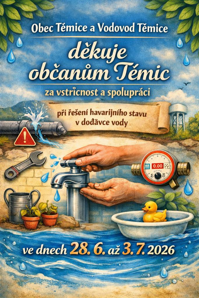 Poděkovaní občanům za pomoc se šetřením vodou během havárie obecního vodovodu.