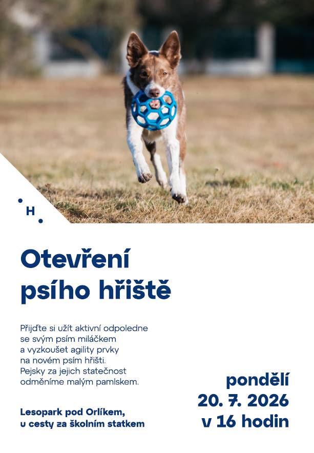 Město Humpolec vás zve na otevření psího hřiště, realizovaného projektu z participativního rozpočtu Naše město 2025. Otevření psího hřiště se uskuteční v pondělí 20. července od 16 hodin v lesoparku pod Orlíkem - u cesty za školním statkem.