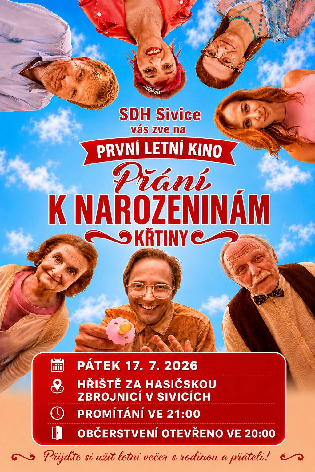 Hasiči Sivice vás zvou na letní kino, na film Přání k narozeninám - Křitiny, které se koná v pátek 17. 7. 2026 na hřišti za hasičskou zbrojnicí v Sivicích. Promítání začne ve 21 hodin, občerstvení bude otevřeno už 20 hodin.