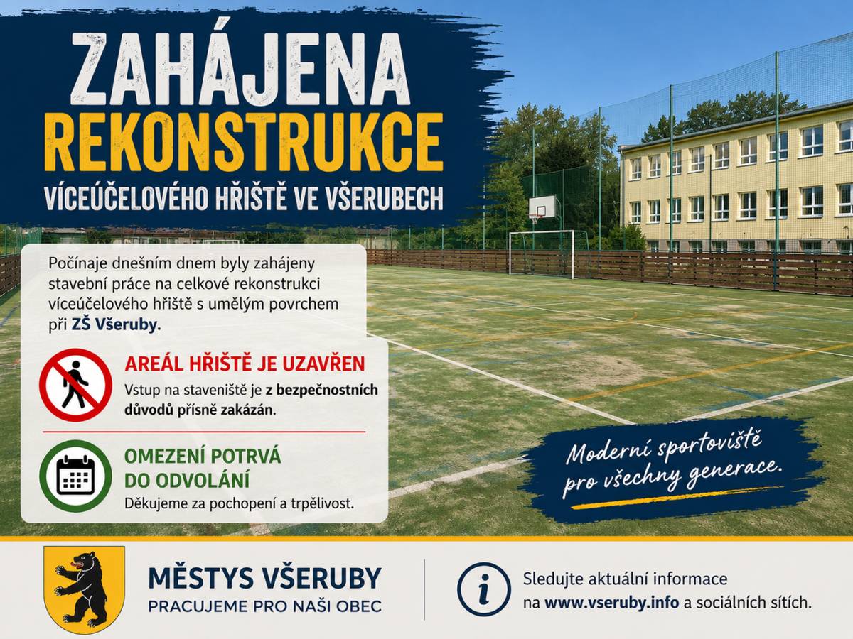 Dne 13.07.2026 byly zahájeny stavební práce na celkové rekonstrukci víceúčelového hřiště s umělým povrchem u Základní školy Všeruby.