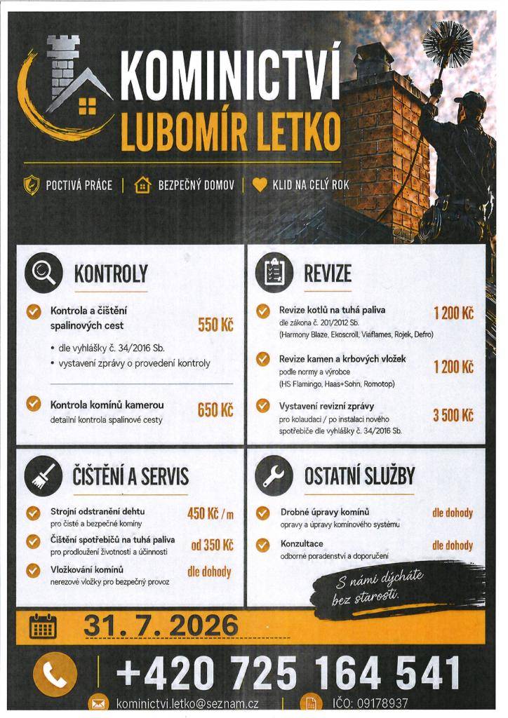 Kominictví Lubomír Letko - nabízí služby