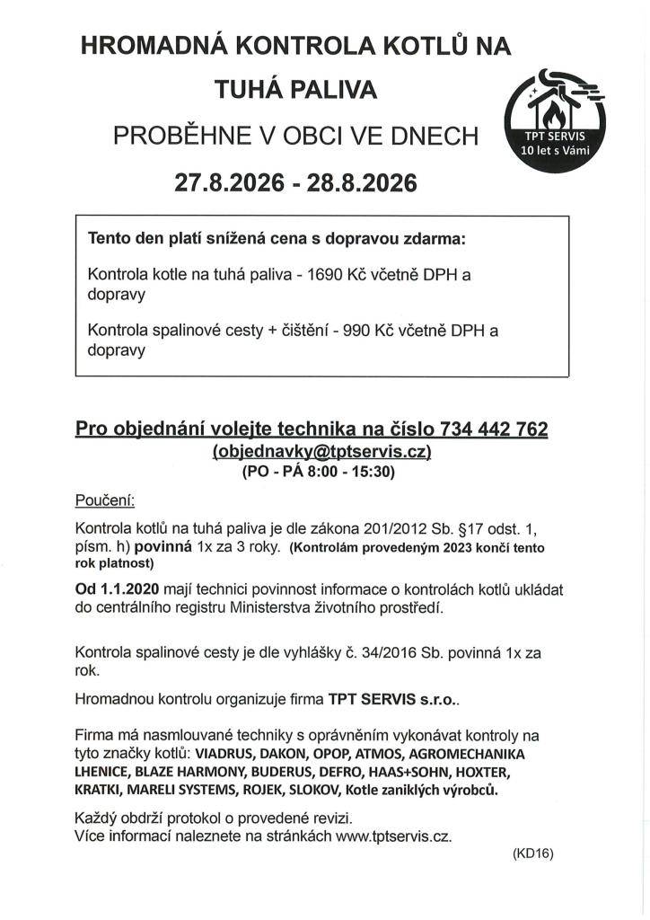 Hromadná kontrola kotlů na tuhá paliva proběhne ve dnech 27. a 28.8.2026