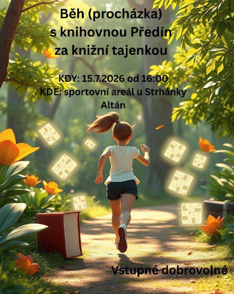 Knihovna Předín srdečně zve všechny milovníky pohybu, knih a zábavy na akci Běh za knižní tajenkou.  Zítra 15.07.2026 od 16 hodin. Start trasy: sportovní areál u Strhanky - altán.