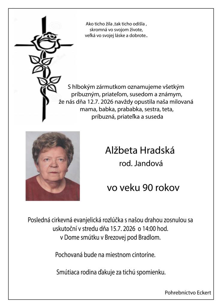 Smútočné oznámenie - Alžbeta Hradská, rod. Jandová