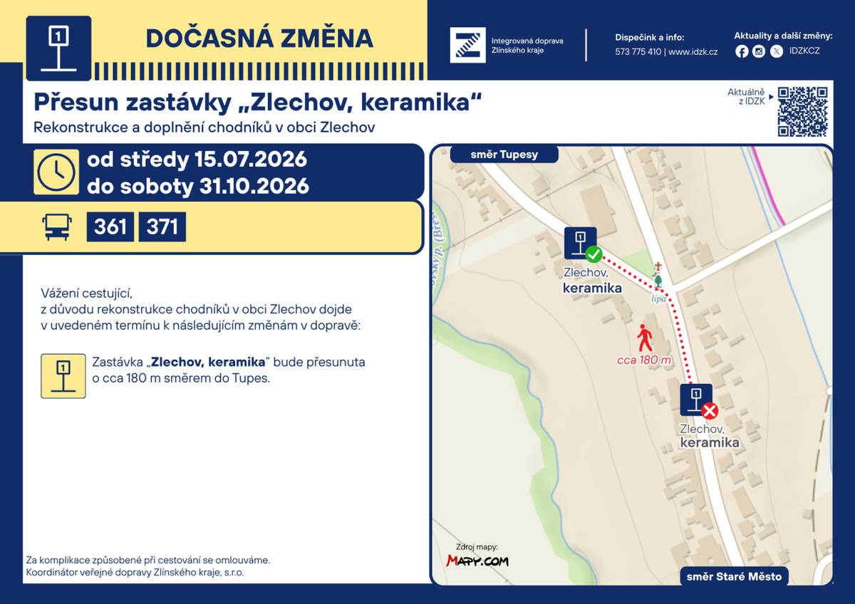 Vážení cestující,  z důvodu rekonstrukce chodníků v obci Zlechov dojde v uvedeném termínu k přesunu zastávek Zlechov "keramika"