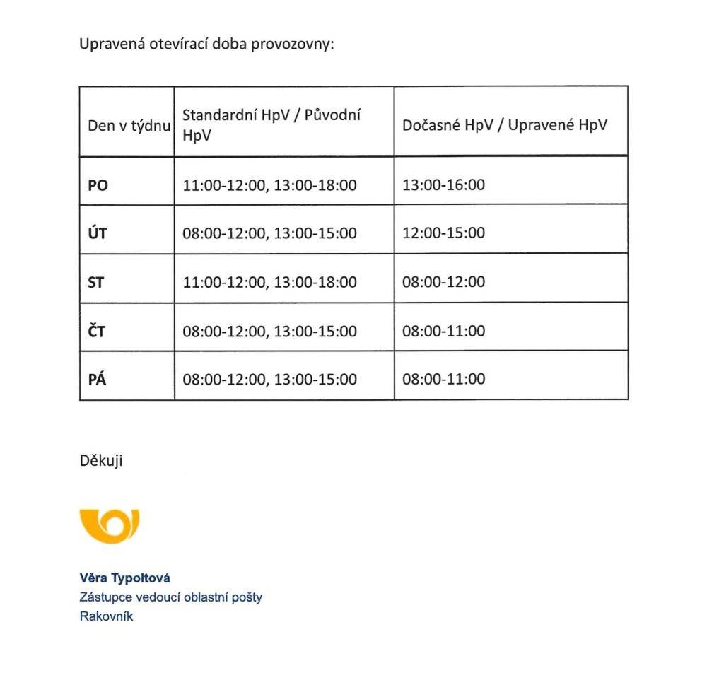 Pošta bude mít od 13.-17.7.2026 z provozních důvodů omezený provoz.