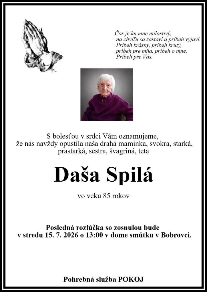 Smútočné oznámenie Daša Spilá