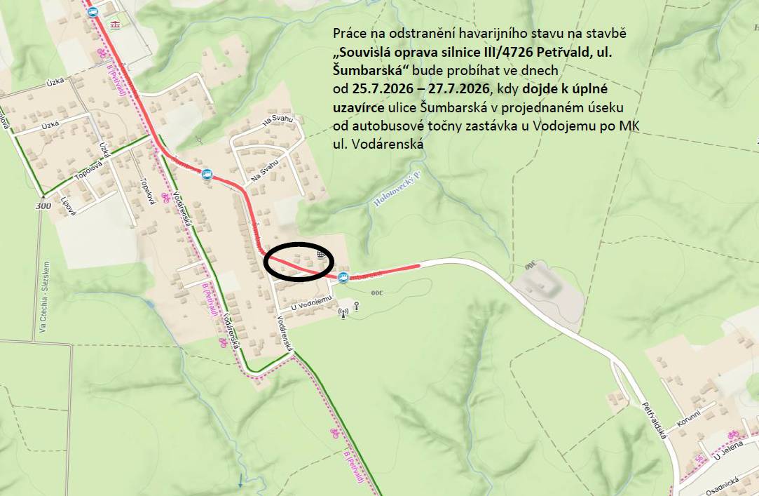 Vážení občané, správce komunikace (Správa silnic Moravskoslezského kraje) nás informoval o vzniku havarijního stavu na silnici III/4726 v rámci probíhající stavby „Souvislá oprava silnice III/4726 Petřvald, ul. Šumbarská“.  Z důvodu zajištění bezpečnosti silničního provozu, kterou za současného stavebního stavu nelze garantovat, dojde k úplné uzavírce této ulice.  📅 Termín uzavírky Od soboty 25. července do pondělí 27. července 2026  📍 Dotčený úsek Úplná uzavírka se týká ulice Šumbarská v úseku od autobusové točny (zastávka u Vodojemu) po křižovatku s místní komunikací ul. Vodárenská.  🚗 Objízdná trasa Objízdná trasa zůstává beze změny – je vedena po stejné trase, která byla určena již v rámci původního omezení. Dočasné dopravní značení zajišťuje firma SEKNE spol. s r.o.  🚌 Autobusová doprava Provoz autobusové dopravy bude zajištěn podle schváleného plánu dopravně-inženýrského opatření. Doporučujeme sledovat aktuální výlukové jízdní řády přímo na webech dopravců či Koordinátora ODIS.  Děkujeme vám za pochopení, trpělivost a zvýšenou opatrnost při průjezdu dotčenou oblastí.