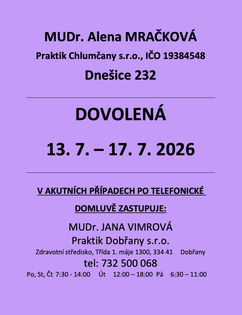 MUDr. Alena Mračková, praktik v Chlumčanech, informuje o své dovolené, která proběhne od 13. do 17. července 2026. Během této doby zastupuje MUDr. Jana Vimrová z Dobřan, dostupná po telefonické domluvě.