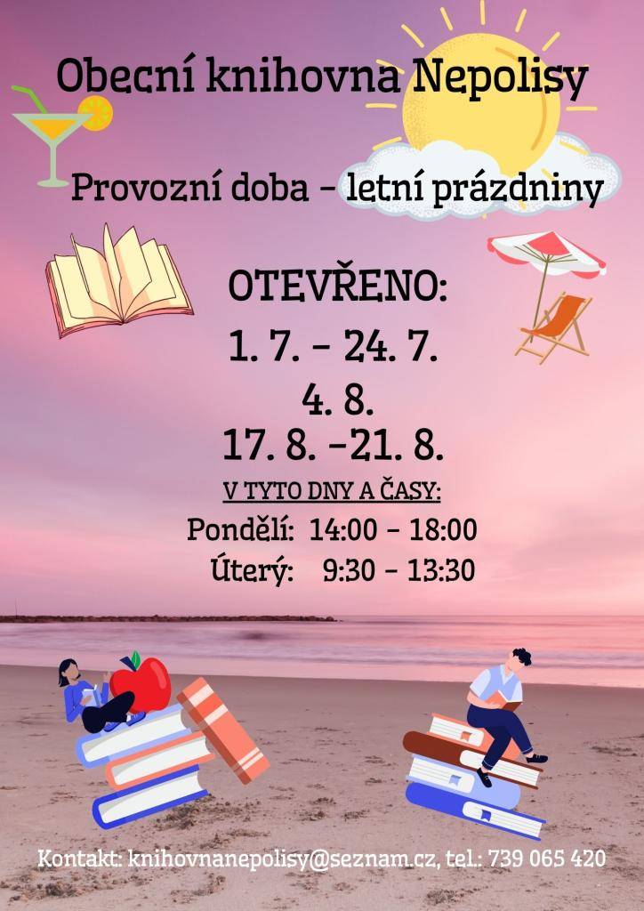 Informace o otevírací době Obecní knihovny v letních měsících.