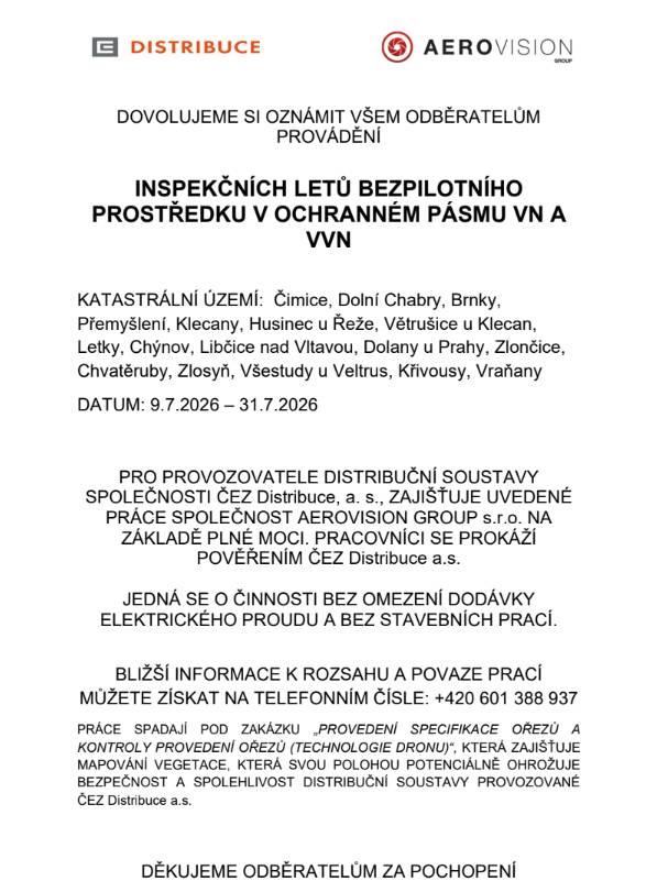 Inspekční lety bezpilotního prostředku budou probíhat  vochranném pásmu VN a VVN od 9.7.-31.7.2026