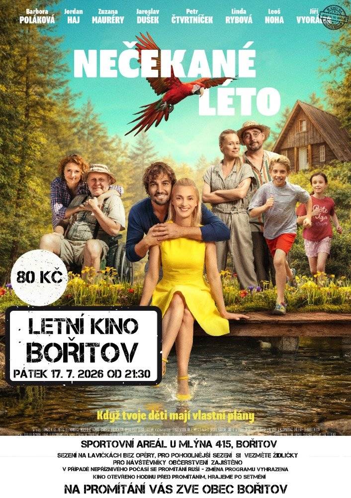 Letní kino - Nečekané léto Kulturní komise Vás srdečně zve na promítání letního kina, které se uskuteční v pátek 17.7.2026 od 21.30 hod ve sportovním areálu U Mlýna. Promítat se bude česká komedie Nečekané léto. Přijďte si užít příjemný letní večer pod širým nebem. Občerstvení bude zajištěno.   MUDr.Ryzí – dovolená 23.-28.7.2026  Zástup v akutních případech MUDr. Miriam Mokrošová na dětském středisku v Lysicích, Komenského 429 v pondělí od 13 do 15 hodin, ostatní dny od 7 do 10 hodin. Na vyšetření je nutné se telefonicky objednat na tel. č. 516 472 132. Vyšetření novorozence domlouvejte prosím na stejném tel. č. 516 472 132.   Lékárna Černá Hora  - otevírací doba od 20.7.2026 – 31.7.2026 pondělí 20.7.2026      7.30 - 12.30 úterý 21.7.2026          7.30 - 12.30 středa 22.7.2026         ZAVŘENO čtvrtek 23.7.2026        ZAVŘENO pátek 24.7.2026          7.30 – 12.30   pondělí 27.72026       ZAVŘENO úterý 28.7.2026          7.30 – 12.30 středa 29.7.2026        ZAVŘENO čtvrtek 30.7.2026       7.30 – 12.30 pátek 31.7.2026          7.30 – 12.30         Ivana Venclů Obec Bořitov Tel. 516 437 189