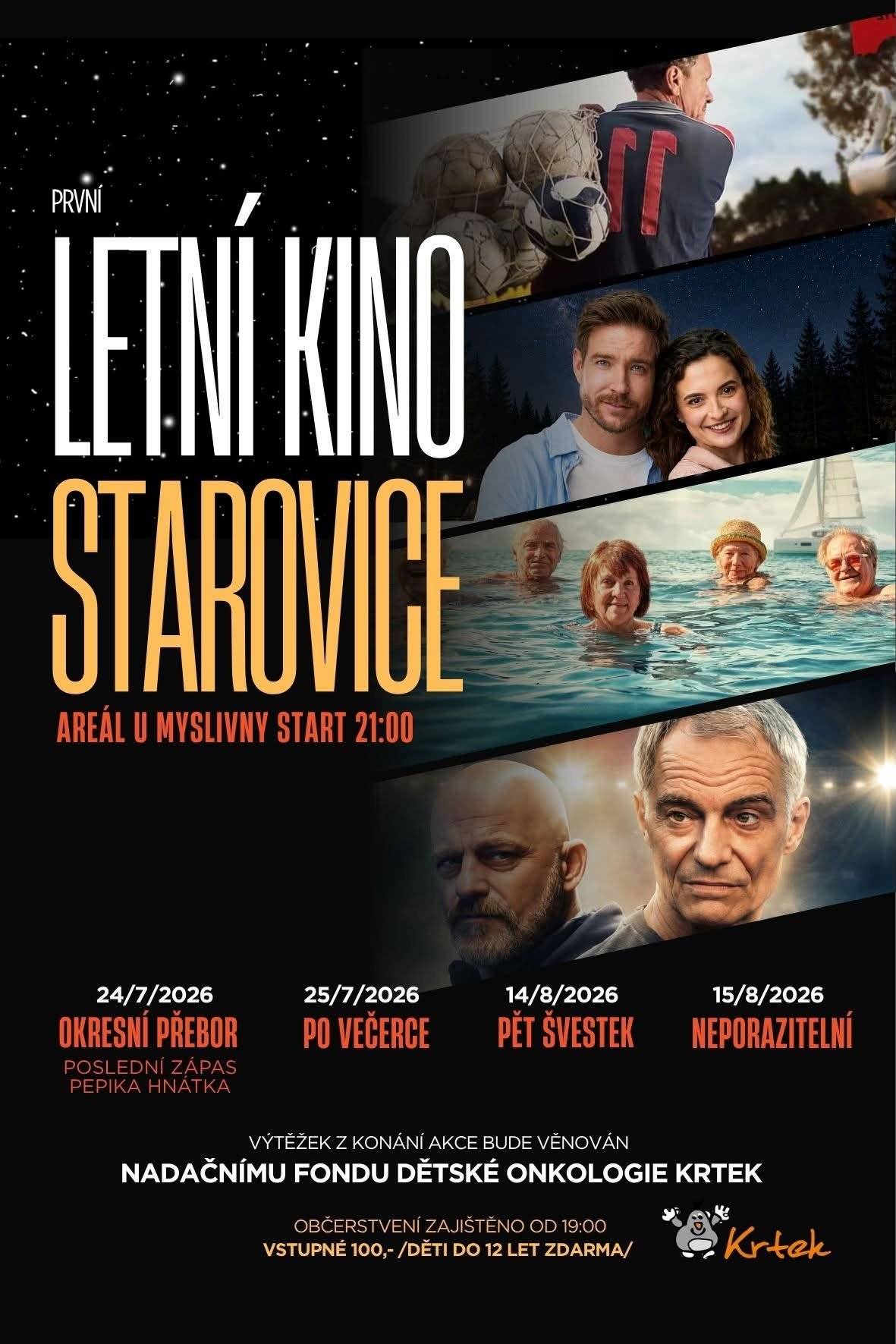 Ve Starovicích se letos uskuteční vůbec první letní kino. Výtěžek z akce pomůže Nadačnímů fondu dětské onkologie Krtek.❤️ Čekají nás čtyři filmové večery pod širým nebem, občerstvení, příjemná atmosféra v areálu u Myslivny.🎬      Naším cílem je vytvořit příjemnou letní tradici, kde se potkají sousedé, rodiny i přátelé a společně si užijí krásné večery.   Hlavní myšlenkou je dobročinnost ❤️celé akce ve spolupráci s Nadačním fondem Krtek.❤️     🎬24. 7. Okresní přebor - poslední zápas Pepika Hnátka  🎬25. 7. Po večerce  🎬14. 8. Pět švestek  🎬15. 8. Neporazitelní   Občerstvení zajištěno od 19.00.🍺🍷☕.   Vstupné 100Kč, děti do 12let zdarma.   Všechny informace a program najdete na stránce Letního kina Starovice🎬   Budeme moc rádi za sdílení a pozvání přátel. Těšíme se na vás!     https://www.facebook.com/profile.php?id=61591016601878