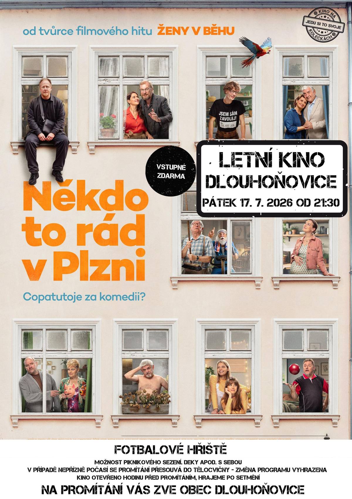 Letní kino Dlouhoňovice – promítání filmu Zveme vás na letní kino v Dlouhoňovicích.  Film: Někdo to rád v Plzni Datum a čas: pátek 17. 7. 2026 od 21:30 Vstupné: zdarma Místo: fotbalové hřiště  Organizační informace  Možnost piknikového sezení – deky a pod. s sebou. Kino je otevřeno hodinu před promítáním, hraje se po setmění. V případě nepřízně počasí se promítání přesouvá do tělocvičny (změna programu vyhrazena). Na promítání vás zve Obec Dlouhoňovice.