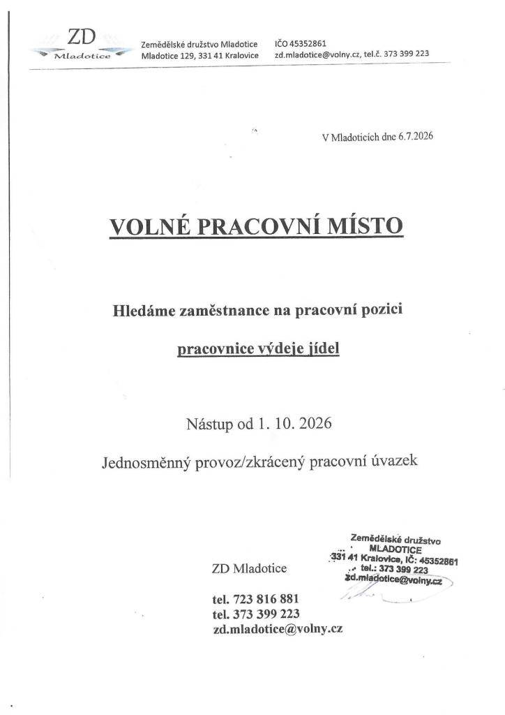 -nabídka zaměstnání - pracovnice výdeje jídel. Podrobné informace naleznete v příloze.