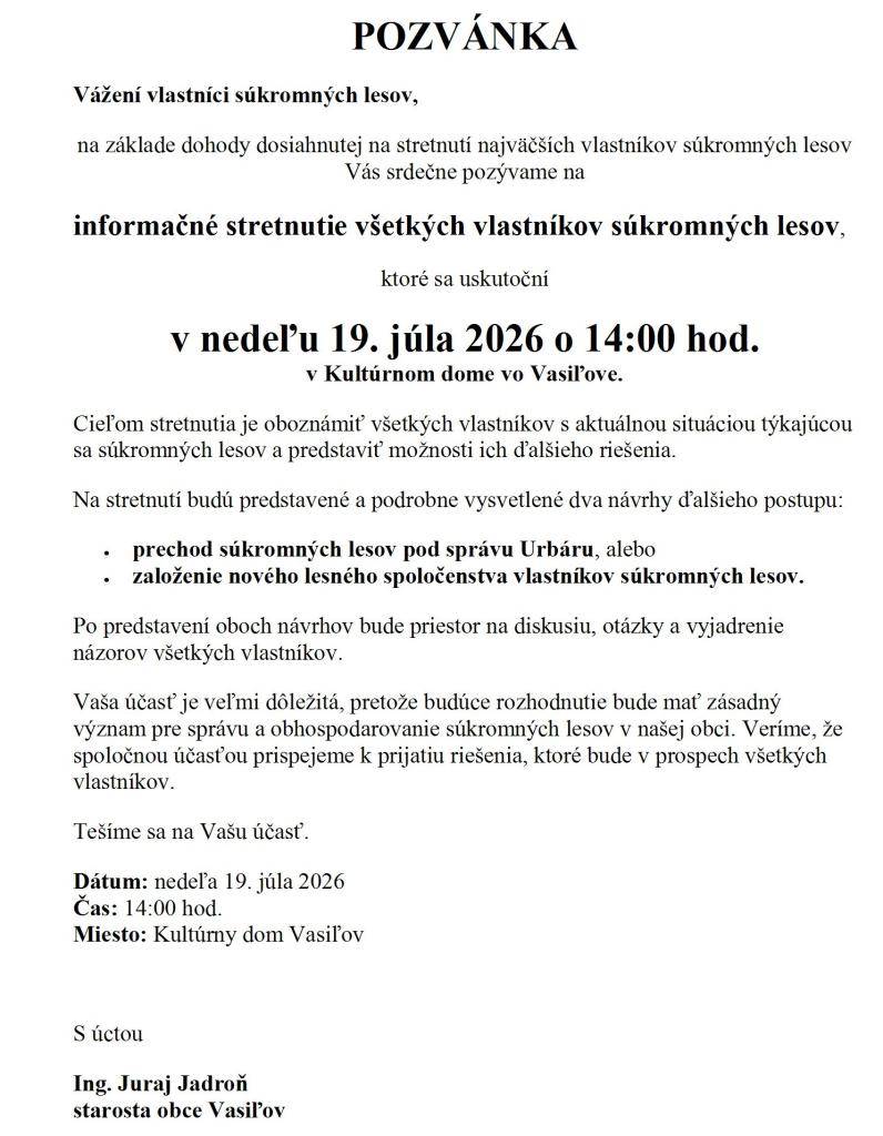Pozvánka na Informačné stretnutie vlastníkov súkromných lesov