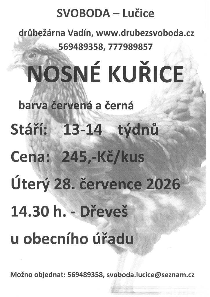 Dne 28. července 2026 se uskuteční prodej nosných kuřic v barvách červené a černé. Akce proběhne v 14:30 hodin v Dřeveši u obecního úřadu. Kuřice jsou ve stáří 13–14 týdnů a cena za kus činí 245 Kč. Pro více informací a objednávky můžete kontaktovat telefonní číslo 569489358.
