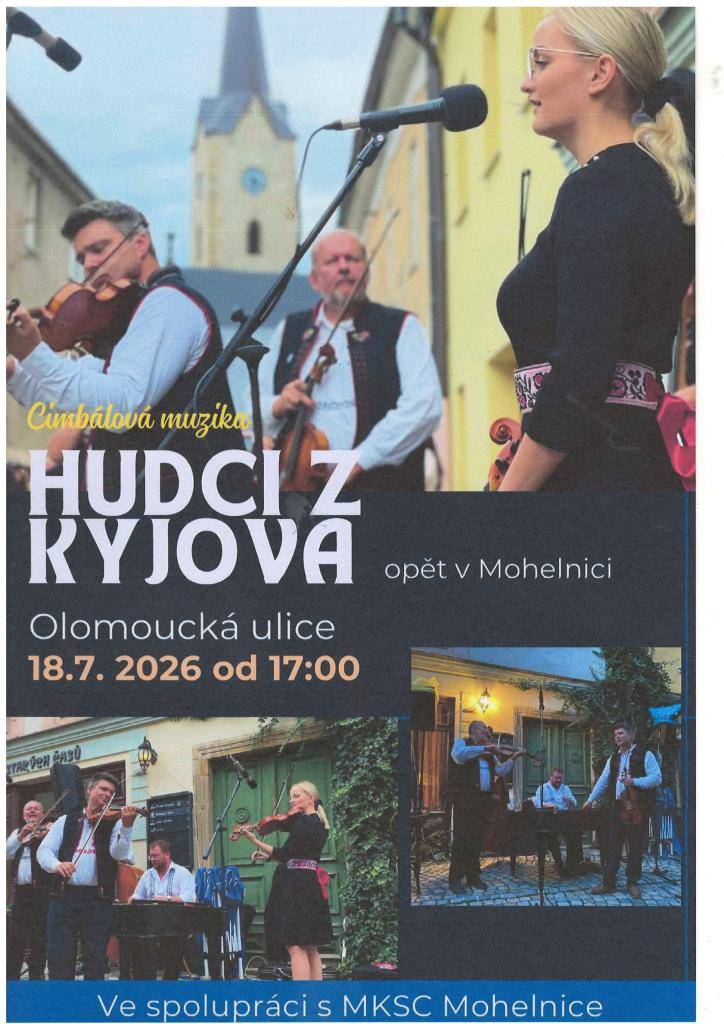 pořadatelé srdečně zvou na podvečer s cimbálovou muzikou na Olomoucké ulici v Mohelnici 18. července 2026 od 17. hodi