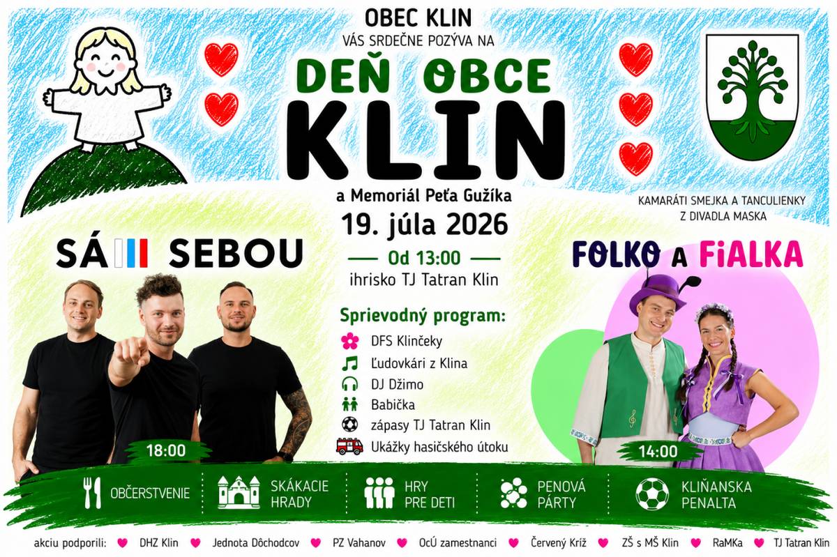 Obec Klin Vás pozýva na Deň obce Klin, ktorý sa bude konať dňa 19.7.2026 so začiatkom o 13:00